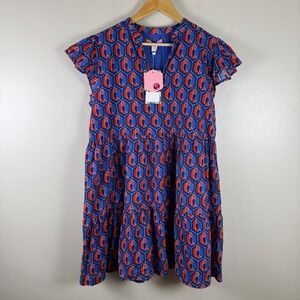 Briton Court Women's LG Tiered Shift Dress Blue Red Cowboy Boot Geometric Cotton